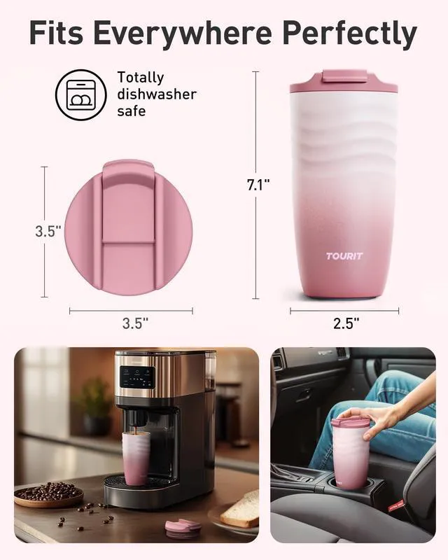 Alt view image 6 of 7 - 16 oz Insulated Travel Coffee Mug Stainless Steel Tumbler, Khaki | Vacuum insulated travel mug with ripple-wave anti-slip grip, leakproof lid & silicone bottom, fits standard car cup holders