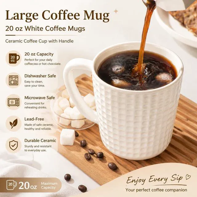 Alt view image 2 of 7 - Large Coffee Mug, 20 oz White Coffee Mugs, Ceramic Coffee Cup with Handle | Big Coffee Mug, Porcelain Mug for Latte, Tea, Cocoa, Microwave and Dishwasher Safe, Home & Office, Housewarming Gift