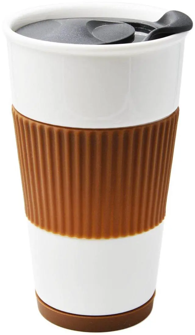 Main image of Gentle Ceramic Double Wall Insulated Travel Coffee Cup, 10oz, Coffee | Slider Lid, Silicone Sleeve & Built-In Coaster, Drip-Free, Non-Slip, No Sound, On-The-Go, Microwave-Safe & Dishwash-Safe