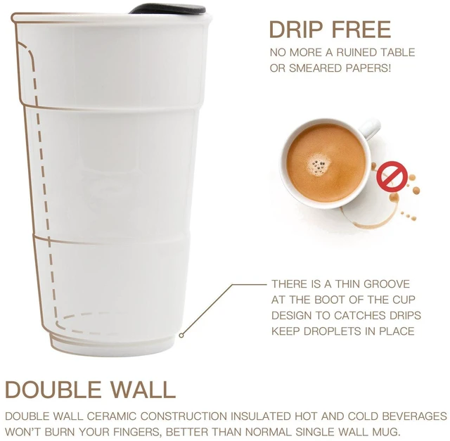 Alt view image 2 of 5 - Gentle Ceramic Double Wall Insulated Travel Coffee Cup, 10oz, Coffee | Slider Lid, Silicone Sleeve & Built-In Coaster, Drip-Free, Non-Slip, No Sound, On-The-Go, Microwave-Safe & Dishwash-Safe