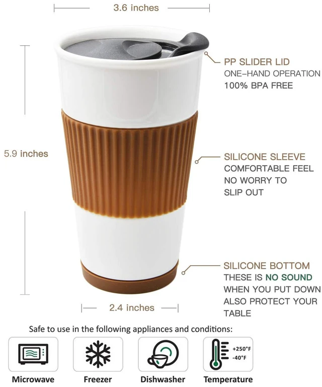 Alt view image 3 of 5 - Gentle Ceramic Double Wall Insulated Travel Coffee Cup, 10oz, Coffee | Slider Lid, Silicone Sleeve & Built-In Coaster, Drip-Free, Non-Slip, No Sound, On-The-Go, Microwave-Safe & Dishwash-Safe