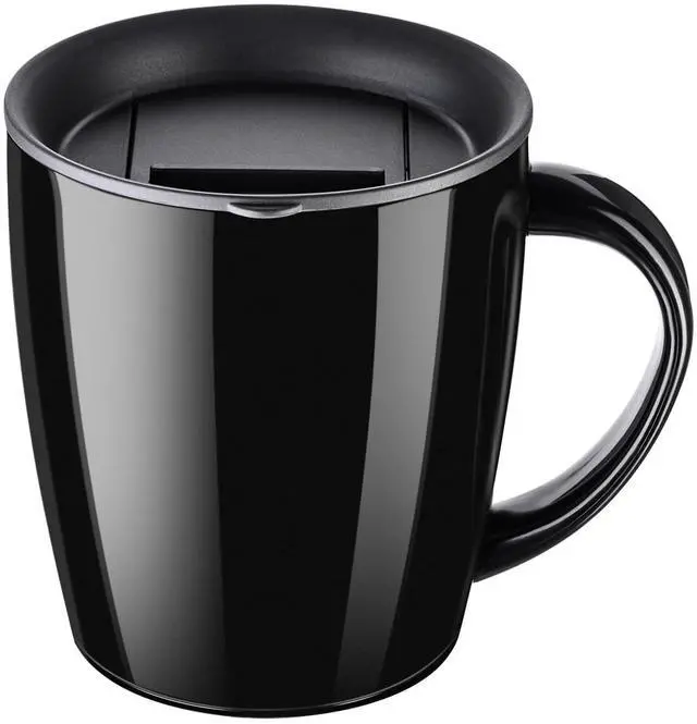 Main image of Insulated Coffee Mug with Handle and Lid, 12 oz Travel Cup, Black | Double-wall vacuum design retains hot or cold drinks with a sliding lid and nonslip base for commuting, camping and work