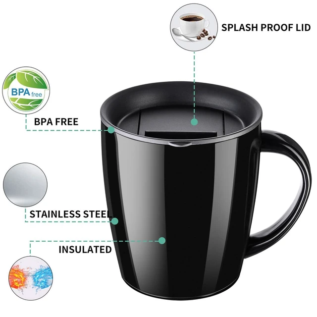 Alt view image 4 of 7 - Insulated Coffee Mug with Handle and Lid, 12 oz Travel Cup, Black | Double-wall vacuum design retains hot or cold drinks with a sliding lid and nonslip base for commuting, camping and work