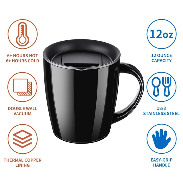 Alt view image 5 of 7 - Insulated Coffee Mug with Handle and Lid, 12 oz Travel Cup, Black | Double-wall vacuum design retains hot or cold drinks with a sliding lid and nonslip base for commuting, camping and work