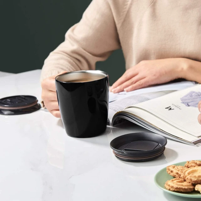 Alt view image 7 of 7 - Insulated Coffee Mug with Handle and Lid, 12 oz Travel Cup, Black | Double-wall vacuum design retains hot or cold drinks with a sliding lid and nonslip base for commuting, camping and work