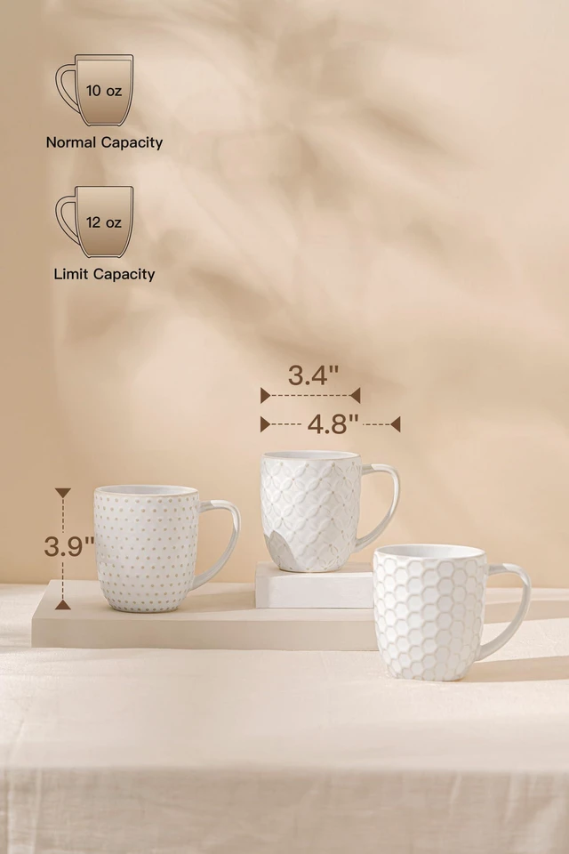 Alt view image 2 of 7 - Ceramic Coffee Mugs Set of 4, 12oz Embossed Cups with Elegant Patterns A Thoughtful Gift for Women, Mom, or Friends,Perfect for Tea, Latte, Cocoa (Arctic White, 12 OZ)