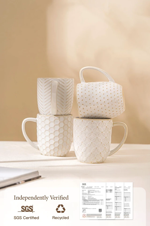 Alt view image 4 of 7 - Ceramic Coffee Mugs Set of 4, 12oz Embossed Cups with Elegant Patterns A Thoughtful Gift for Women, Mom, or Friends,Perfect for Tea, Latte, Cocoa (Arctic White, 12 OZ)