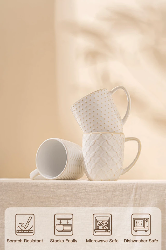 Alt view image 5 of 7 - Ceramic Coffee Mugs Set of 4, 12oz Embossed Cups with Elegant Patterns A Thoughtful Gift for Women, Mom, or Friends,Perfect for Tea, Latte, Cocoa (Arctic White, 12 OZ)