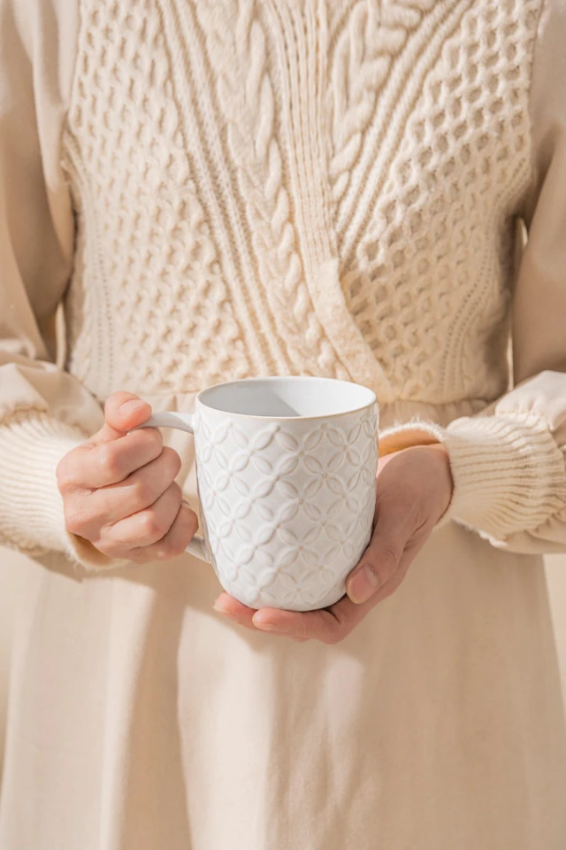 Alt view image 6 of 7 - Ceramic Coffee Mugs Set of 4, 12oz Embossed Cups with Elegant Patterns A Thoughtful Gift for Women, Mom, or Friends,Perfect for Tea, Latte, Cocoa (Arctic White, 12 OZ)