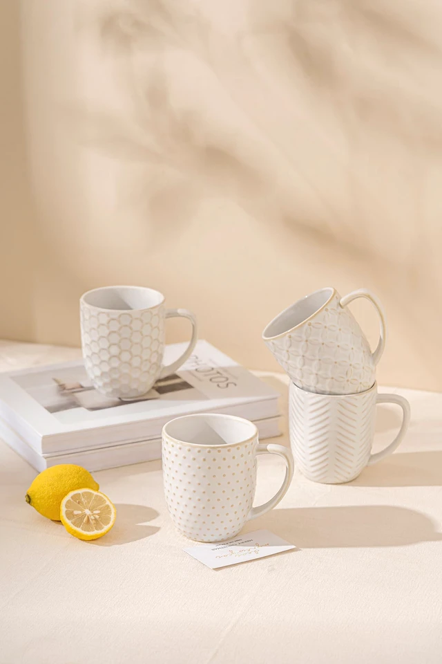 Alt view image 7 of 7 - Ceramic Coffee Mugs Set of 4, 12oz Embossed Cups with Elegant Patterns A Thoughtful Gift for Women, Mom, or Friends,Perfect for Tea, Latte, Cocoa (Arctic White, 12 OZ)