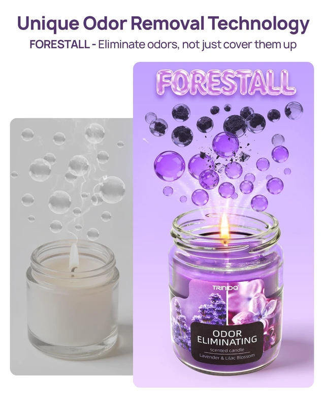 Alt view image 2 of 6 - Lavender Scented Candle Odor Eliminating for Home Gift Women | Lilac Blossom, FORESTALL tech eliminates 99% pet/smoke/food odors, 55h burn, 100% soy wax, non-toxic, safer for home