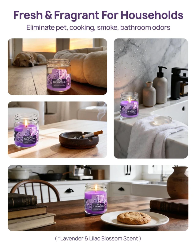 Alt view image 3 of 6 - Lavender Scented Candle Odor Eliminating for Home Gift Women | Lilac Blossom, FORESTALL tech eliminates 99% pet/smoke/food odors, 55h burn, 100% soy wax, non-toxic, safer for home