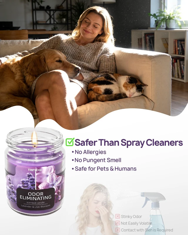Alt view image 5 of 6 - Lavender Scented Candle Odor Eliminating for Home Gift Women | Lilac Blossom, FORESTALL tech eliminates 99% pet/smoke/food odors, 55h burn, 100% soy wax, non-toxic, safer for home