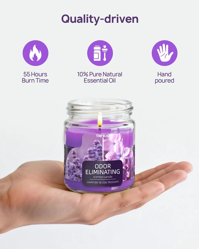 Alt view image 6 of 6 - Lavender Scented Candle Odor Eliminating for Home Gift Women | Lilac Blossom, FORESTALL tech eliminates 99% pet/smoke/food odors, 55h burn, 100% soy wax, non-toxic, safer for home