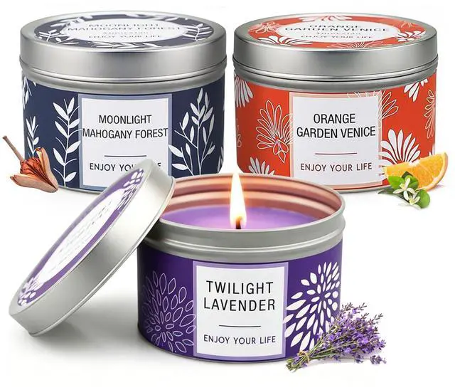 Main image of Scented Candle Gift Set for Women, 3 Pack Large Soy Wax Candles in Tins, 6.2 oz Each, 30-35 Hr Burn, Lavender, Orange Blossom & Mahogany Woods