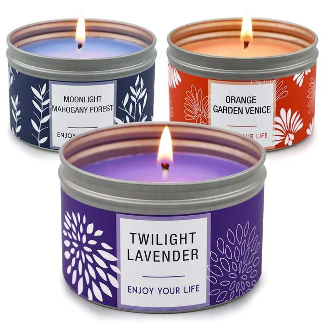 Alt view image 7 of 7 - Scented Candle Gift Set for Women, 3 Pack Large Soy Wax Candles in Tins, 6.2 oz Each, 30-35 Hr Burn, Lavender, Orange Blossom & Mahogany Woods