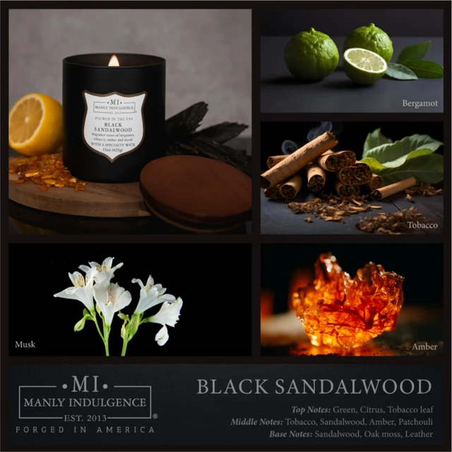 Alt view image 2 of 6 - Black Sandalwood Scented Candle for Men 15 oz Bergamot, Tobacco, Amber & Musk - Wood Wick - Up to 60 Hours Burn - Soy Blend Wax, USA Poured Signature Collection