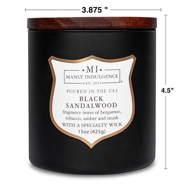 Alt view image 4 of 6 - Black Sandalwood Scented Candle for Men 15 oz Bergamot, Tobacco, Amber & Musk - Wood Wick - Up to 60 Hours Burn - Soy Blend Wax, USA Poured Signature Collection