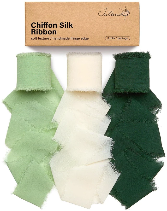 Main image of Green Chiffon Ribbon Set, 1.5'' x 21 Yards | Handmade Fringe Chiffon Silk Ribbon, For Gift Wrapping, Wedding Invitations, Bridal Bouquets, Elegant Bow Making