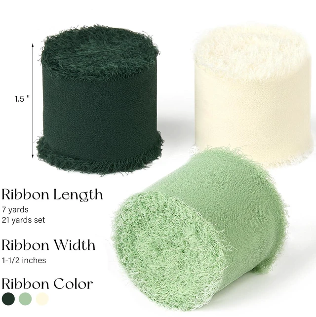 Alt view image 2 of 6 - Green Chiffon Ribbon Set, 1.5'' x 21 Yards | Handmade Fringe Chiffon Silk Ribbon, For Gift Wrapping, Wedding Invitations, Bridal Bouquets, Elegant Bow Making