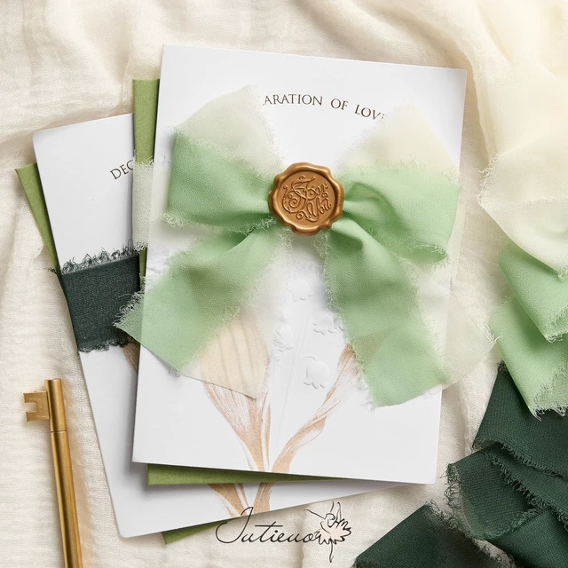Alt view image 4 of 6 - Green Chiffon Ribbon Set, 1.5'' x 21 Yards | Handmade Fringe Chiffon Silk Ribbon, For Gift Wrapping, Wedding Invitations, Bridal Bouquets, Elegant Bow Making