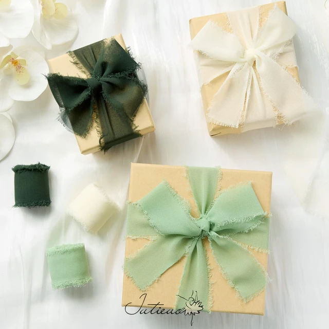 Alt view image 5 of 6 - Green Chiffon Ribbon Set, 1.5'' x 21 Yards | Handmade Fringe Chiffon Silk Ribbon, For Gift Wrapping, Wedding Invitations, Bridal Bouquets, Elegant Bow Making