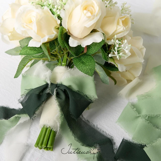 Alt view image 6 of 6 - Green Chiffon Ribbon Set, 1.5'' x 21 Yards | Handmade Fringe Chiffon Silk Ribbon, For Gift Wrapping, Wedding Invitations, Bridal Bouquets, Elegant Bow Making