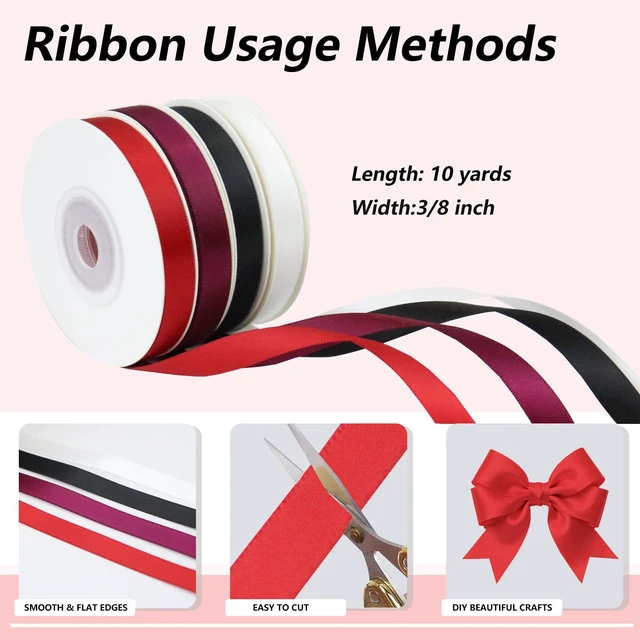 Alt view image 3 of 7 - Satin Ribbon, White & Black & Red & Wine, 3/8" X 10 Yard X 4 Rolls | Gift Wrapping, Christmas Crafts,Birthday,Party,Balloon,thin
