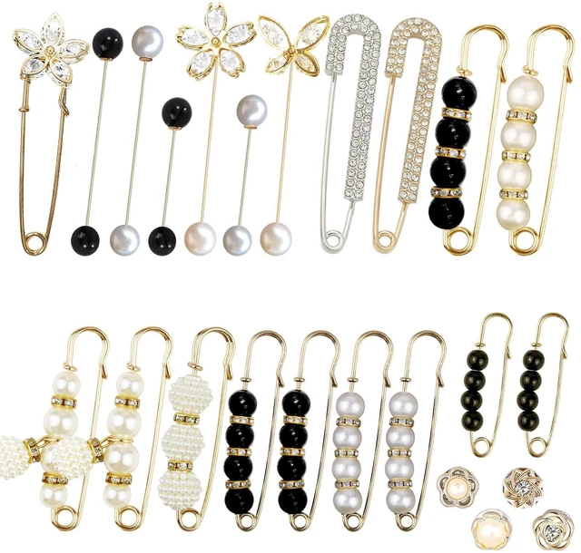 Main image of 24 Pieces Pearl Crystal Brooch Safety Pins Button Pins Pant Waist Tightener Pins for Clothes Sweater Shawl Collar Dress Cardigan Shirt Jeans Decoration Accessories for Women Girls(Classic)