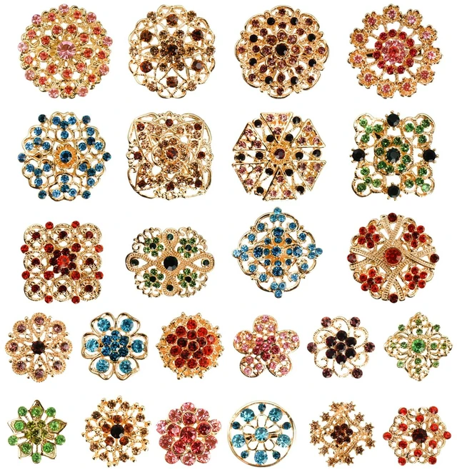 Main image of 24 Pieces Flower Golden Brooches Pins, Small Shining Rhinestone Colorful Brooch Gift for Women, Wedding Decoration