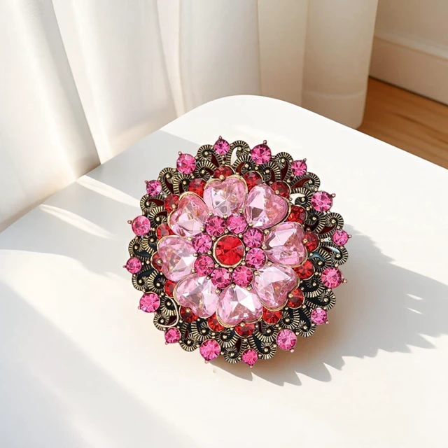 Alt view image 2 of 5 - Rhinestone Crystal Flower Brooch Pin Sparkling Large Crystal Sunflower Brooch Vintage Floral Lapel Pins Rhinestone Flower Bouquet Broochs Rose Snowflake Broochs Wedding Bridal Dress Jewelry(Pink)