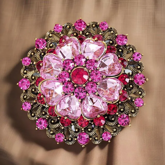 Alt view image 3 of 5 - Rhinestone Crystal Flower Brooch Pin Sparkling Large Crystal Sunflower Brooch Vintage Floral Lapel Pins Rhinestone Flower Bouquet Broochs Rose Snowflake Broochs Wedding Bridal Dress Jewelry(Pink)