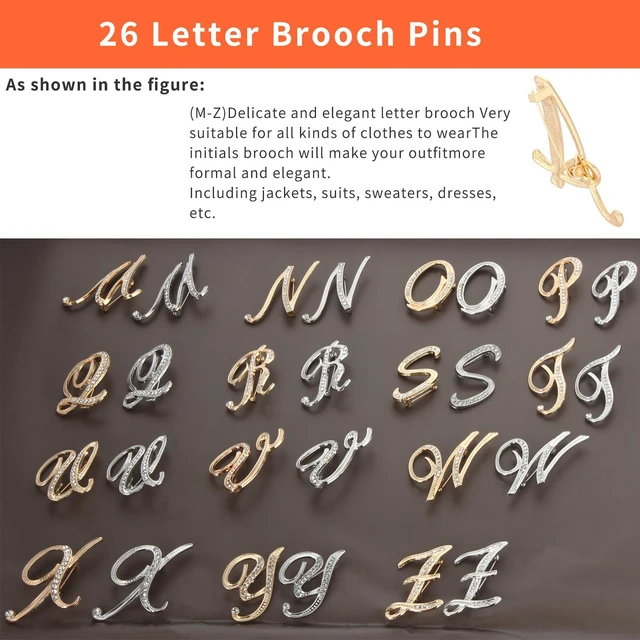 Alt view image 4 of 6 - 2-Piece Alphabet Brooch Set, Zinc Alloy Enamel Pins, Contemporary Style, A-Z Collection, Gold and Silver, 2 inches, Pin Back Closure (B)
