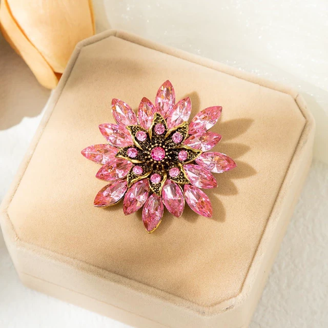 Alt view image 2 of 4 - Sparkling Rhinestone Flower Brooch Pin Fashion Crystal Sunflower Brooch Floral Lapel Pins Red/Green/Purple/Pink Crystal CZ Broochs Large Flower Pin Clothes Hat Bag Dress Broochs (Pink)