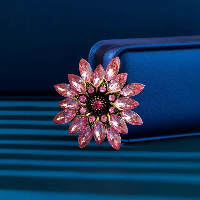 Alt view image 3 of 4 - Sparkling Rhinestone Flower Brooch Pin Fashion Crystal Sunflower Brooch Floral Lapel Pins Red/Green/Purple/Pink Crystal CZ Broochs Large Flower Pin Clothes Hat Bag Dress Broochs (Pink)