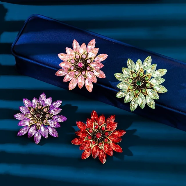 Alt view image 4 of 4 - Sparkling Rhinestone Flower Brooch Pin Fashion Crystal Sunflower Brooch Floral Lapel Pins Red/Green/Purple/Pink Crystal CZ Broochs Large Flower Pin Clothes Hat Bag Dress Broochs (Pink)