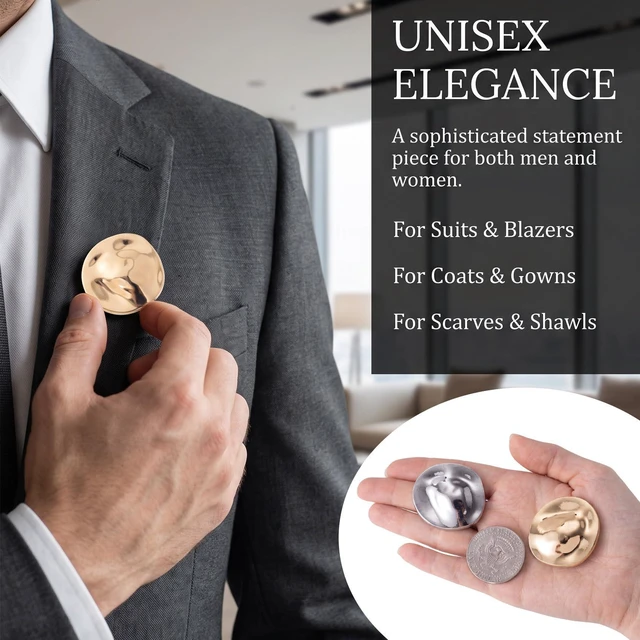 Alt view image 7 of 7 - 2 Pcs Irregular Disc Brooches, Round Brooch Pins, Gold, Silver | Alloy build, 4x3.6cm, vintage geometric style, easy to pin, lapel pins for dresses, sweaters, coats, costumes, wedding, party