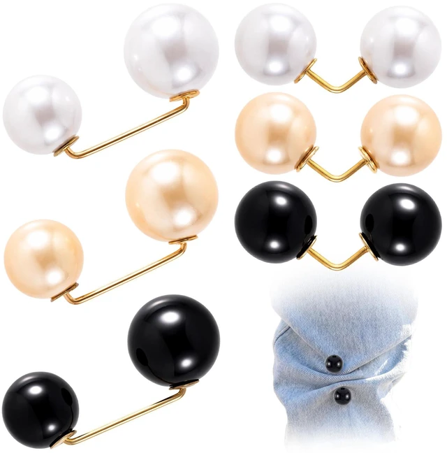 Main image of 6pcs Pearl Brooches for Women, Faux Pearl Shawl Pins Sweater Clip, Decorative Safety Pins Pant Hem Clips Length Adjuster for Jeans Wedding Party - Beige, Gold, Black