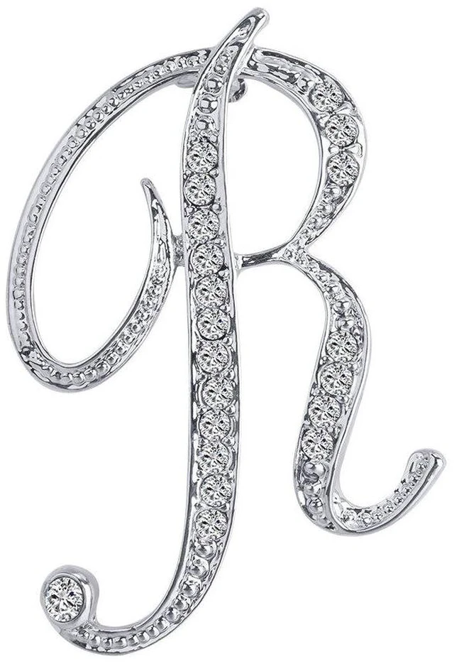 Main image of 26 Letters Brooches Silver Plated Metal Broaches Pins-Clear Crystal Initial Breastpin (1pcs-R)