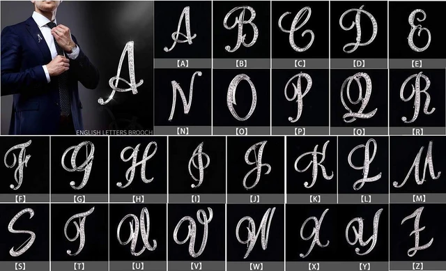 Alt view image 4 of 4 - 26 Letters Brooches Silver Plated Metal Broaches Pins-Clear Crystal Initial Breastpin (1pcs-R)