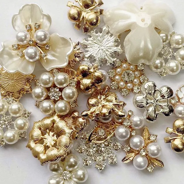 Alt view image 2 of 5 - 22 Pieces Pearl Rhinestone Buttons Rhinestone Faux Pearl Embellishments Pearl Brooch Alloy Floral Charms Pendants for Jewelry Making