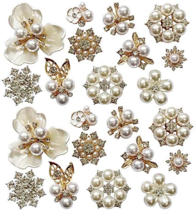 Main image of 22 Pieces Pearl Rhinestone Buttons Rhinestone Faux Pearl Embellishments Pearl Brooch Alloy Floral Charms Pendants for Jewelry Making