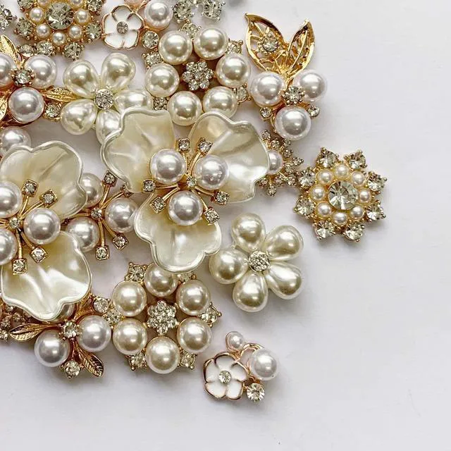 Alt view image 3 of 5 - 22 Pieces Pearl Rhinestone Buttons Rhinestone Faux Pearl Embellishments Pearl Brooch Alloy Floral Charms Pendants for Jewelry Making