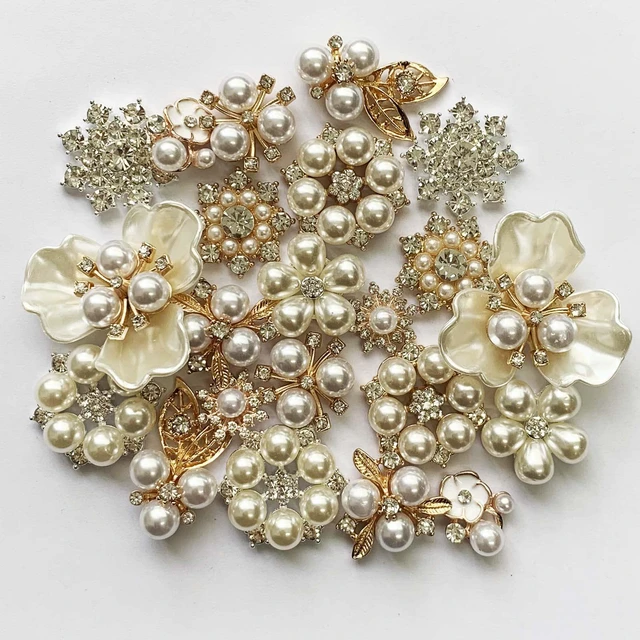 Alt view image 4 of 5 - 22 Pieces Pearl Rhinestone Buttons Rhinestone Faux Pearl Embellishments Pearl Brooch Alloy Floral Charms Pendants for Jewelry Making