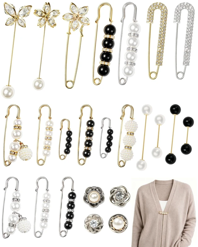 Main image of 24Pcs Pearl Brooch, Pant Waist Tightener Safety Pin(Chic) | Double Faux Pearl Brooches, Fashion Cover Up Buttons, Decorative Safety Pins, Ideal for Women Clothes Decoration
