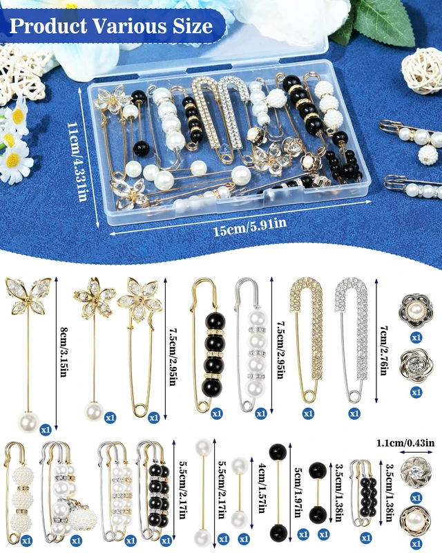 Alt view image 2 of 7 - 24Pcs Pearl Brooch, Pant Waist Tightener Safety Pin(Chic) | Double Faux Pearl Brooches, Fashion Cover Up Buttons, Decorative Safety Pins, Ideal for Women Clothes Decoration