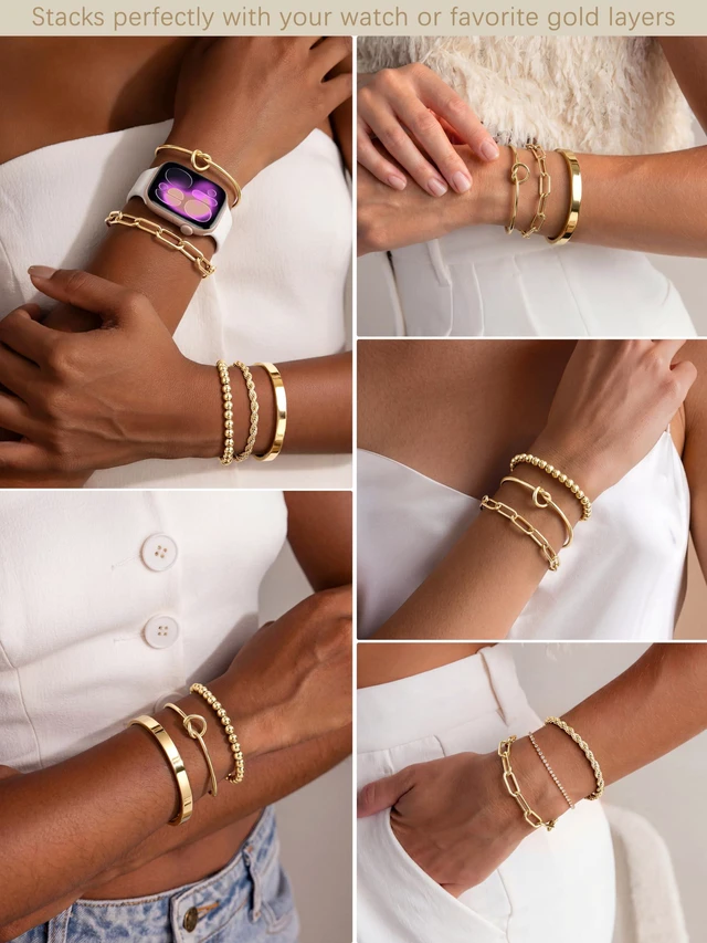Alt view image 4 of 7 - Gold Cuff Bracelets for Women Trendy Waterproof, 14K Gold Plated Chunky Gold Bangles Beaded Bracelet