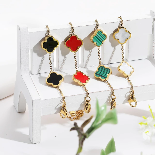 Alt view image 6 of 7 - 18K Gold Plated Clover Lucky Bracelet for Women White/Black/Red/Green Flower Four Leaf Link Bracelets Trendy Jewelry Gifts for Women (White)