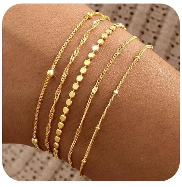 Main image of Gold Bracelets for Women, 14K Gold Plated Stackable Bracelet Stack Set Adjustable Charm Paperclip Chain Snake Link Layered Waterproof Jewelry Sets Gifts