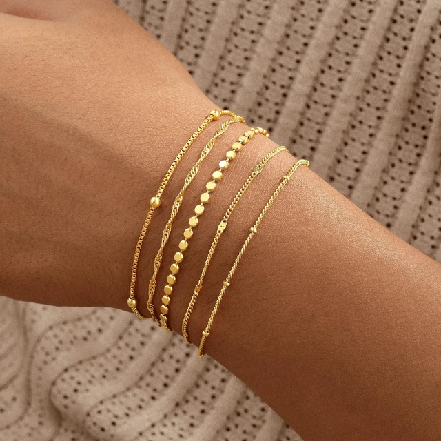 Alt view image 3 of 6 - Gold Bracelets for Women, 14K Gold Plated Stackable Bracelet Stack Set Adjustable Charm Paperclip Chain Snake Link Layered Waterproof Jewelry Sets Gifts